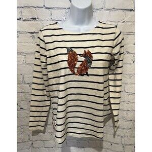 Talbots Women's Striped Sequin Animal Fox Embellished Tee Top Size Small Petite